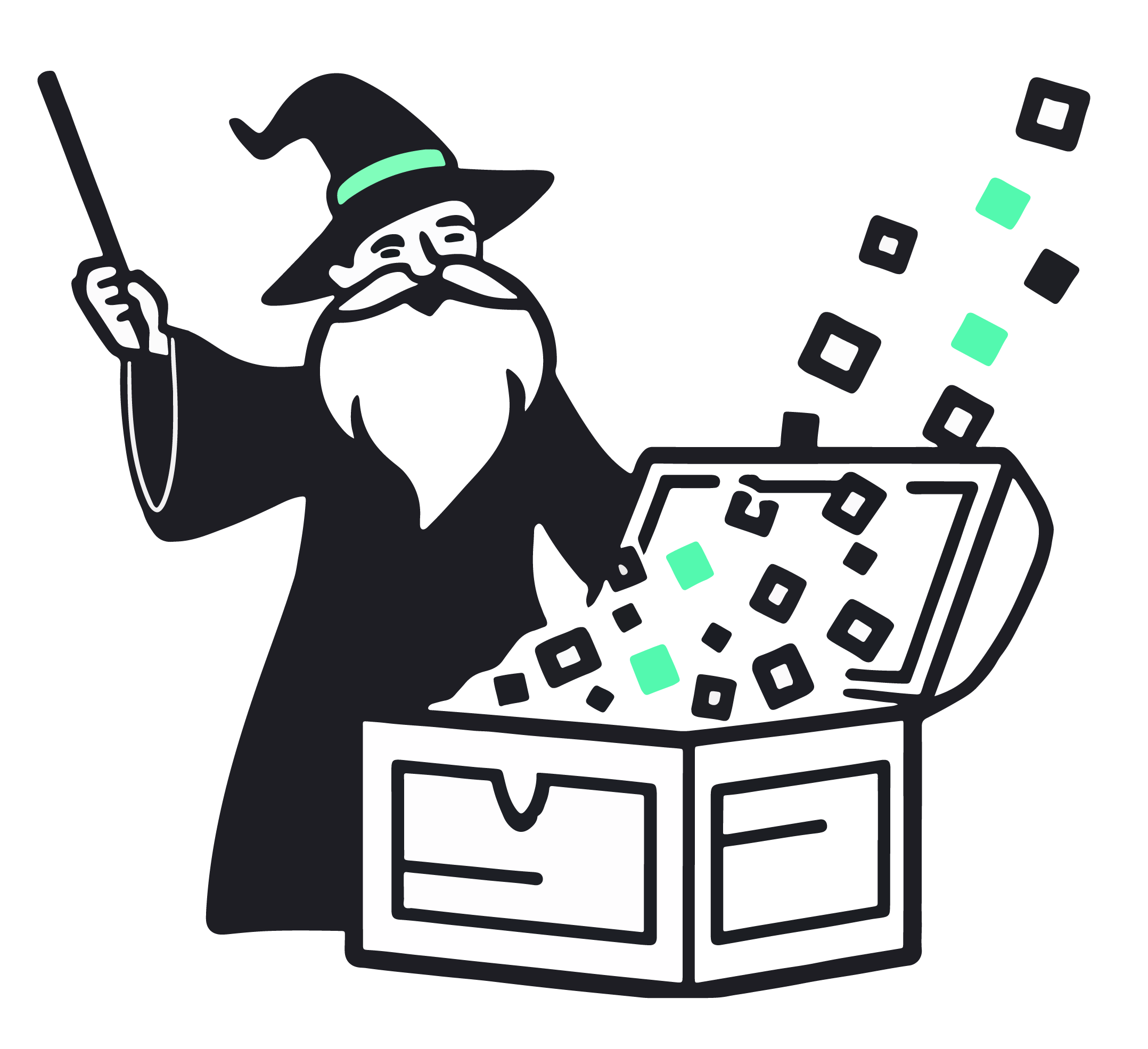 Logo des Open Data Wizard: ein Zauberer mit Hut und Zauberstab neben einer offenen Truhe, aus der kleine Datenquadrate aufsteigen.